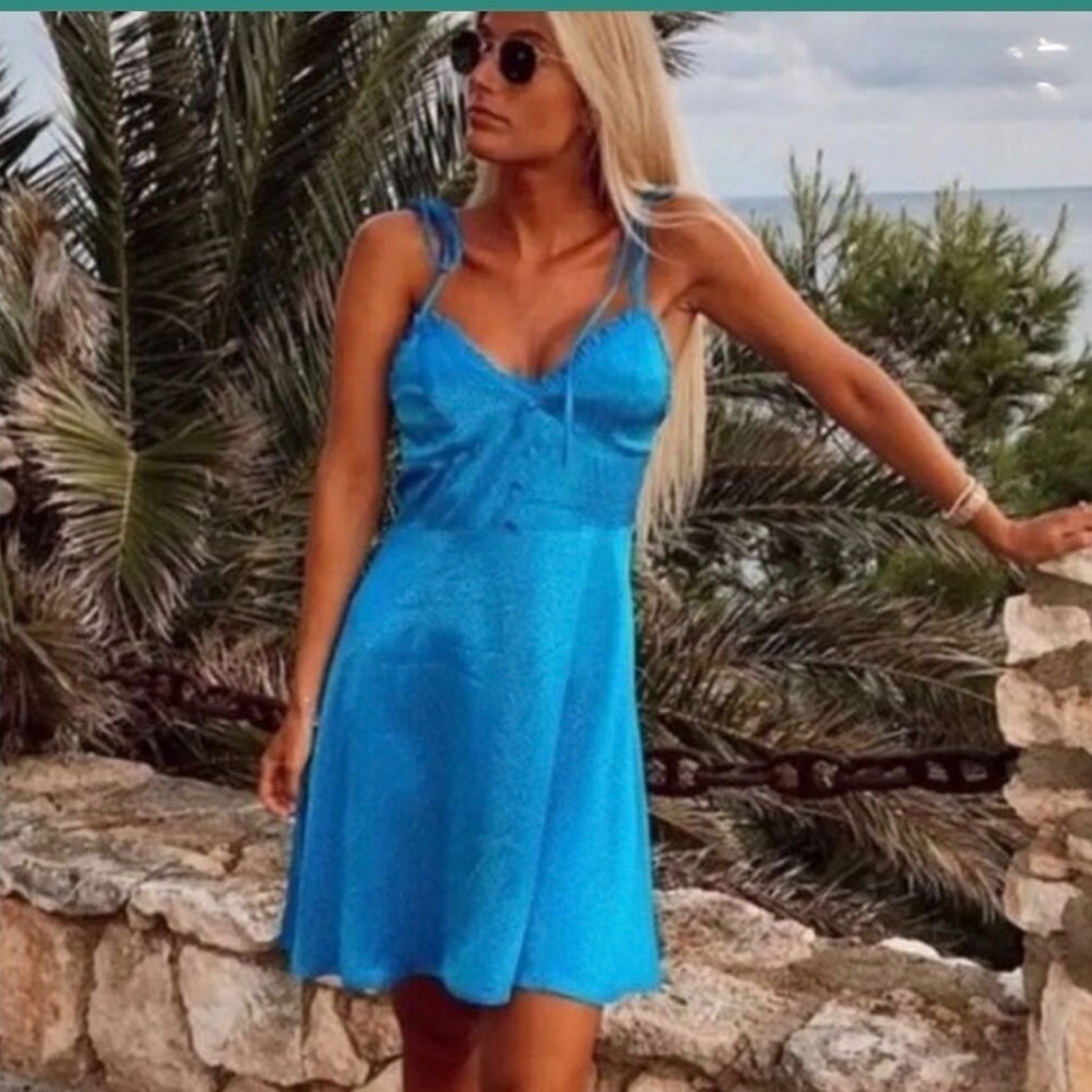 Zara blue Satin Babydoll Spaghetti Strap Mini Slip Dress